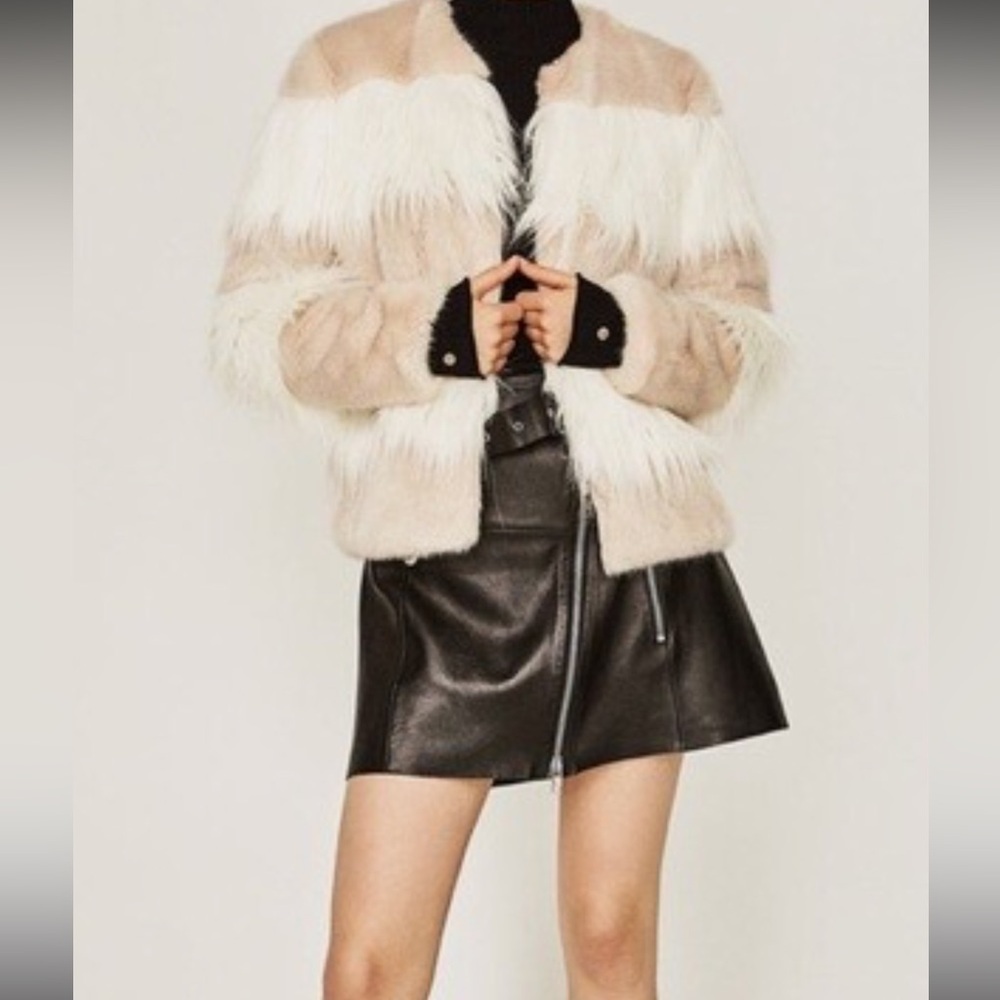 Zara Woman Faux Fur Colorblock Jacket – Cream & Taupe – XS